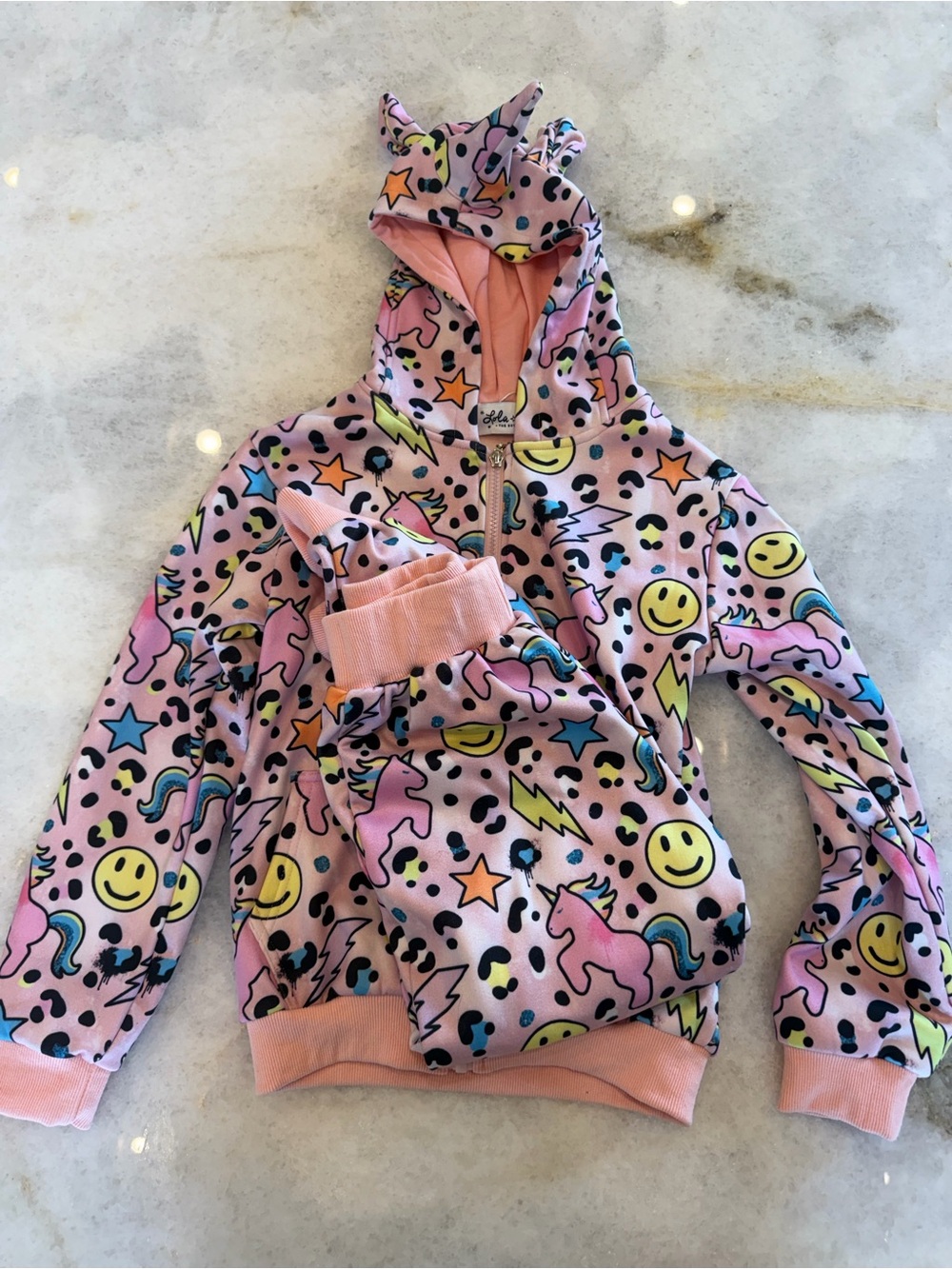 NWOT Lola & The Boys Pink Unicorn & Emoji Hooded Sweatshirt & Sweatpants - Sz 10
